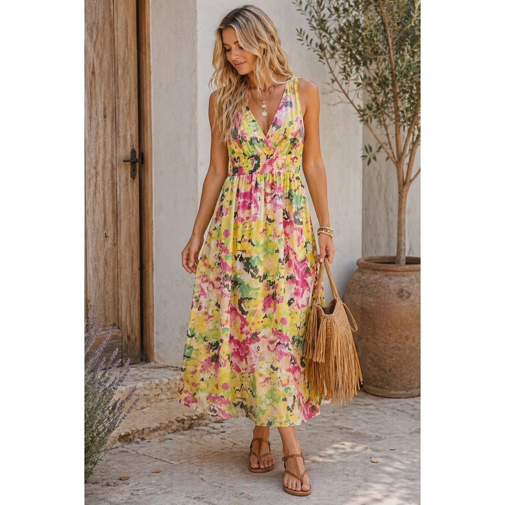 Anthropologie Chaudry Boho Floral Maxi Dress‎ Yellow Medium Abstract Arsty